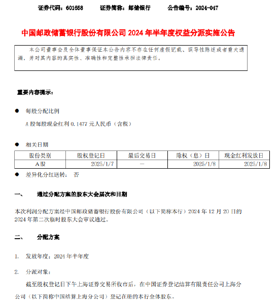 邮储银行：将于2025年1月8日派发半年度现金红利 每股派发现金红利0.1477元